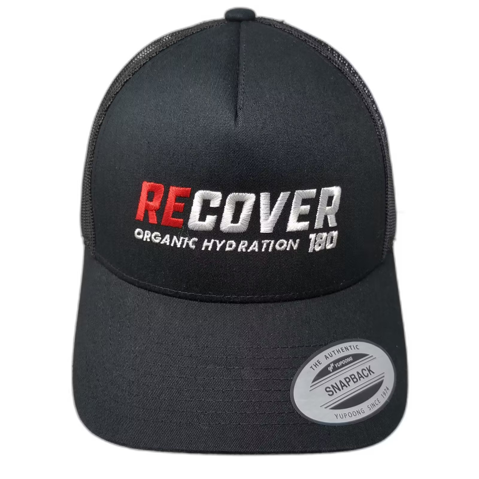 Yupoong Trucker Hat Black Red Os Recover Organic Hydration Embroidered Snapback